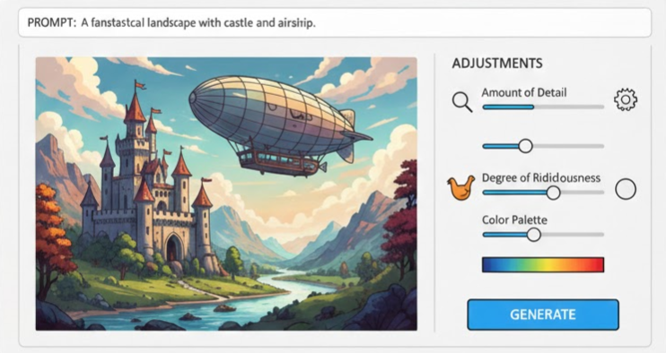 Image generation UI with adjustment sliders for Amount of Detail, Degree of Ridiculousness, and Color Palette